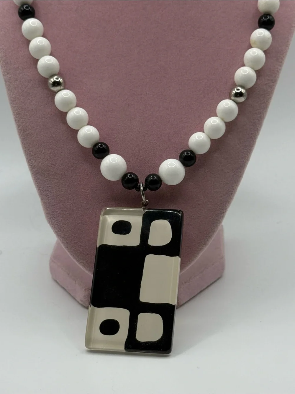 White and Black abstract Beaded Pendant Necklace